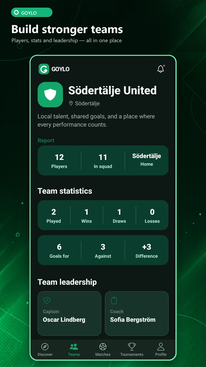 A Goylo team profile showing players, statistics and team leadership